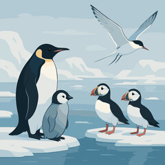 Obraz premium Penguins and puffins on ice floes in a serene arctic landscape with a gentle seabird above