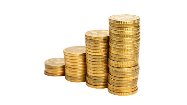 stacks of golden coins money growth concept isolated on transparent background