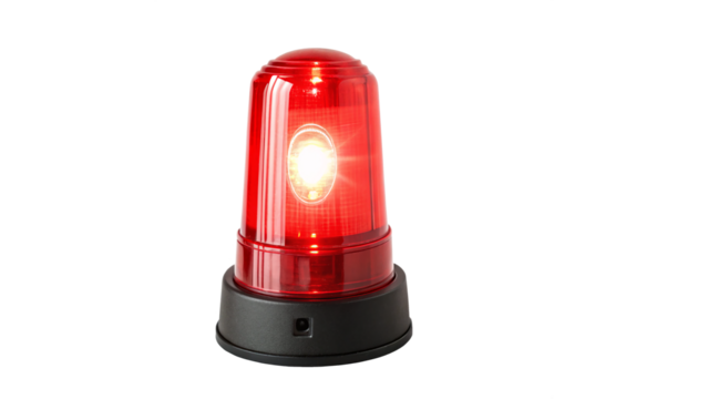 Flashing red light on a black base used in emergency situations to signal urgency on a transparent background