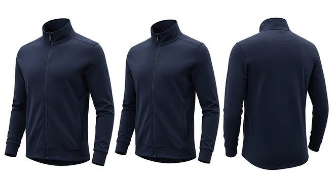 Navy blue full zip jacket isolated on white background, front and back view