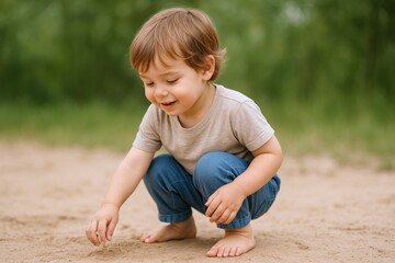 Cute Young Boy Playing in the Sand, Enjoying Outdoor Activities and Childhood Fun