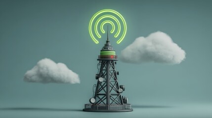 Simplified 3D mobile tower design with glowing signal rings in pale blue atmosphere