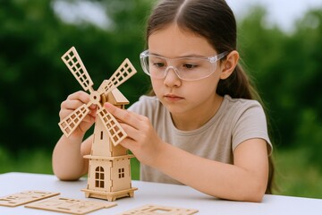 Focused Young Girl Building Wooden Windmill Model Wearing Safety Glasses Outdoors, STEM Education