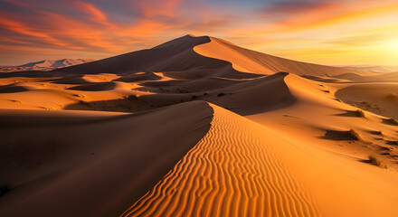 Golden sunset illuminates vast, rolling sand dunes in a dramatic desert landscape with mountains on the horizon.