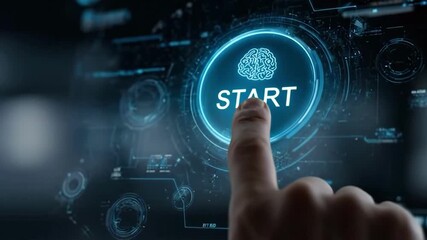 Digital Start: A close-up shot of a finger pressing a glowing START button on a high-tech screen, symbolizing the dawn of a new era of technology, innovation, and boundless potential.
