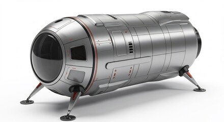 Sleek silver spacecraft rests on landing legs against bright white background. AI Generated