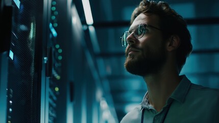 A thoughtful man with brown hair and glasses stands in front of computer servers,