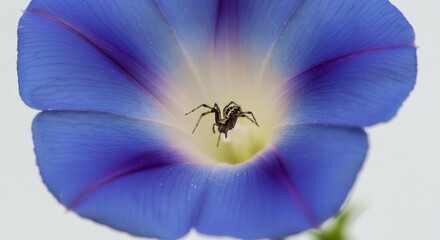 Tiny spider hides subtly inside vibrant blue morning glory flower. AI Generated
