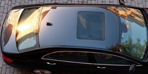 Fototapeta premium Sleek black car with sunroof and reflective windows showcases modern automotive design from above