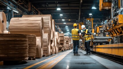 Manufacturing plant interior with two engineers in safety attire overseeing paper roll production process