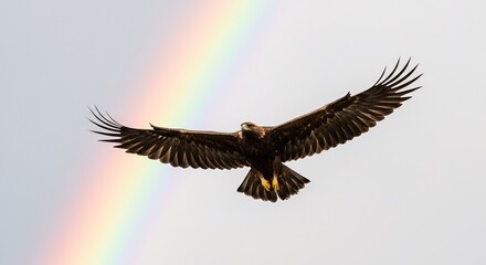 Obraz premium Majestic eagle soars gracefully against vibrant rainbow arc. AI Generated