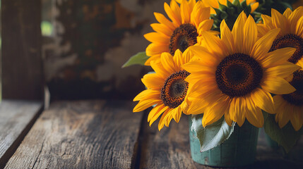 Sunflower Still Life: Green Bucket, Wooden Table, Vintage Rural, Homestay Decor, Farm Packaging, Motivational Poster, Rural