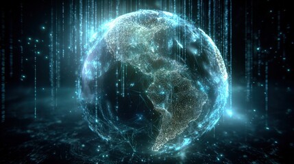 Digital Earth Globe with Flowing Code: High-Tech Visualization of Global Connectivity and Data