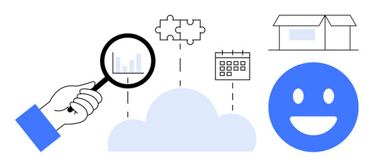 Hand holding magnifier discovers analytics above cloud connected to puzzle, calendar, house, happy face. Ideal for business growth, analytics, content management, cloud computing, productivity