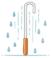 Umbrella handle and falling raindrops simple cartoon illustration