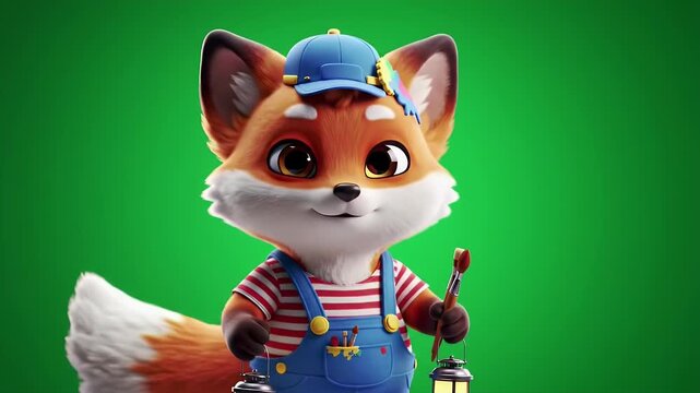 Adorable Cartoon Fox Character in Blue Overalls with Lantern Isolated by Green Screen for Animation Design and Children's Content Featuring a Cute Happy Smiling Fox for Stock Illustrations