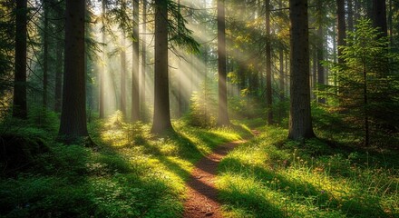 Fototapeta premium Sunlight streams through a tranquil forest.