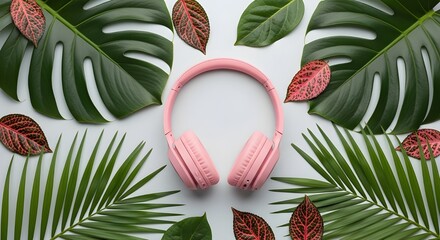 Pink headphones surrounded by green monstera leaves and red patterned leaves