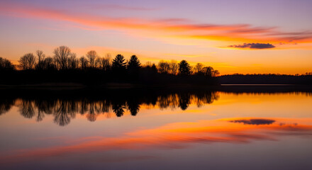 Fototapeta premium Serene sunset reflecting on a calm lake, silhouetted trees line the shore.