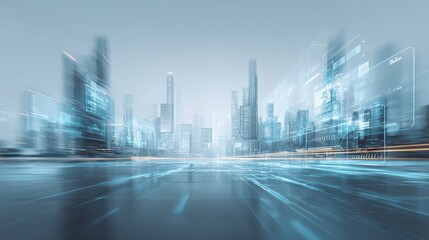 Futuristic Cityscape with Abstract Data Streams: Modern Urban Technology and Digital Network Communication