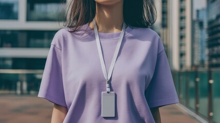 Business Woman in Purple T-shirt Wearing ID Badge Outdoors, Conference Attendee, Employee Presentation