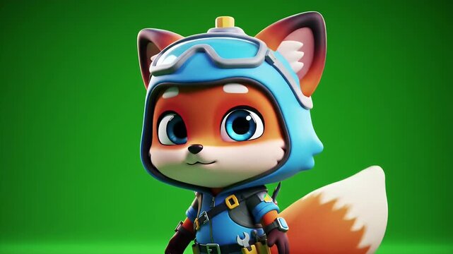 Adorable Animated Fox Mascot in Pilot Suit Cartoon Character Ready for Integration With Vibrant Green Screen Backdrop Perfect for Education and Children's Media Stock Animation