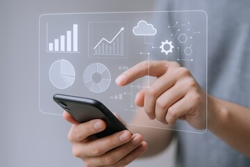 Data Analytics on Mobile Device: A man interacting with a digital interface showing graphs