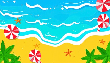 Vibrant beach scene with umbrellas, starfish, and ocean waves for summer vibes