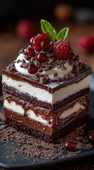 Delightful layered chocolate dessert topped with fresh berries and mint in a cozy setting