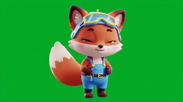 Animated Fox Character Isolated by Green Screen Wearing Pilot Helmet and Overalls with Wrench Detail Full Shot at Eye Level Perfect for Educational Content and Decoration Stock Photo