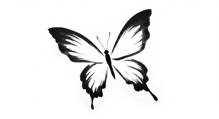Fototapeta premium Elegant black ink butterfly gracefully floats against white background. AI Generated