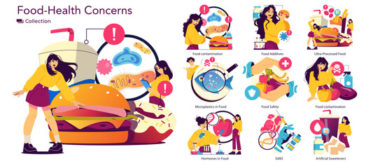 Food Health Concerns Vector Illustration with Actions
