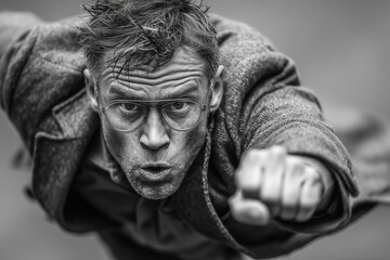 Fototapeta premium Man in glasses, flying, black and white