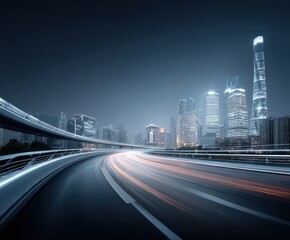 Fototapeta premium Modern Cityscape at Night with Car Light Trails - Urban Development and Transportation