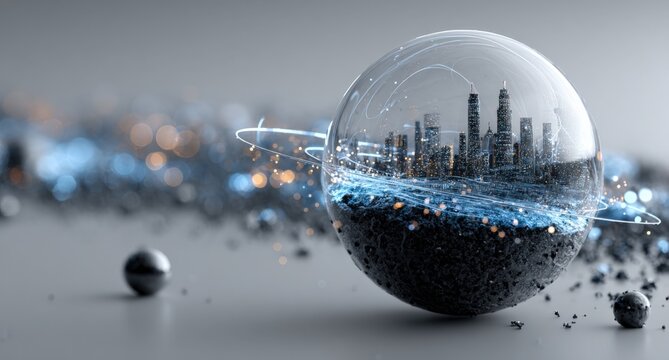 Futuristic Cityscape Encapsulated in Sphere: Abstract Digital Art with Modern Architecture and Technological Elements