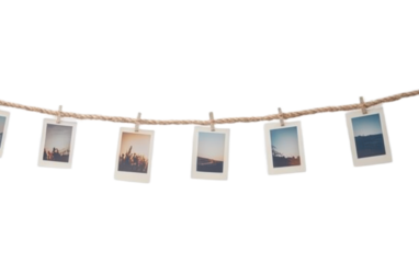 Polaroid photos on rope retro on transparent background, png