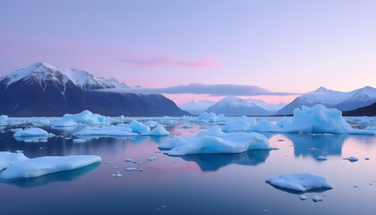 Stunning view of icebergs floating in a tranquil lake, with mountains in the distance.