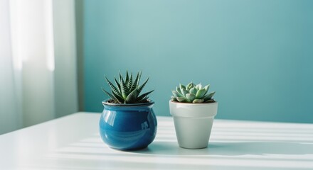 Two potted succulents on white surface against blue wall in sunny room