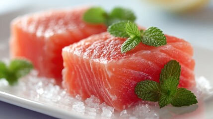 Two salmon fillets on ice, garnished with fresh mint sprigs, close-up shot