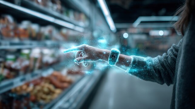 Woman Using Augmented Reality in Grocery Store, Scanning Products with Smartwatch for Enhanced Shopping Experience - Powered by Adobe