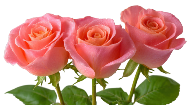 Trio of peach-colored roses, petals curled elegantly, leaves visible