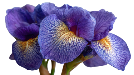 Trio of purple iris blooms showing delicate lines and yellow highlights