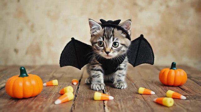 Kitten in bat costume for Halloween