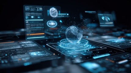 Futuristic Digital Interface: Global Data Visualization with Holographic Globe and Technological Elements for Business Solutions
