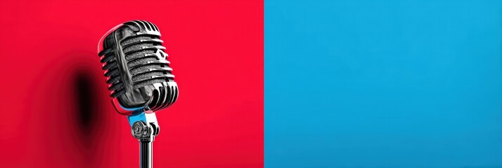 Vintage Microphone on Red and Blue Backdrop, Ideal for Podcast or Music Themed Design