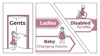 Public restroom and baby changing room signs with accessible directions