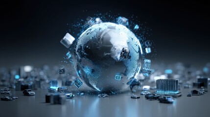 Fototapeta premium Global Technology Network: Abstract Digital Earth with Data Flow, Connectivity, and Innovation on Dark Backdrop