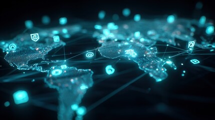 Global Network Connectivity Illustration: Digital World Map with Data Points and Futuristic Technology Elements