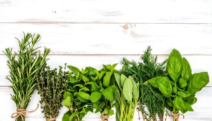 Fresh herbs arranged on a white wooden surface