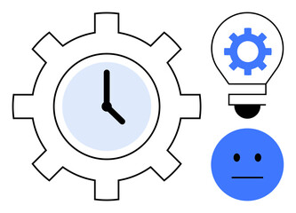 Gear-shaped clock, lightbulb with gear, and thoughtful face symbolizing productivity, innovation, and reflection. Ideal for time management, ideas, efficiency, teamwork innovation strategy